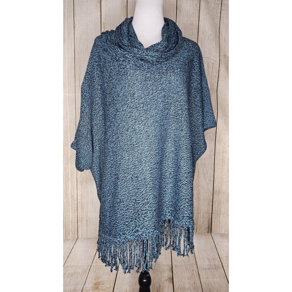 NY Collection Women’s 1X Blue Black Knit Poncho Sweater Cowl Neck Fringe Hem